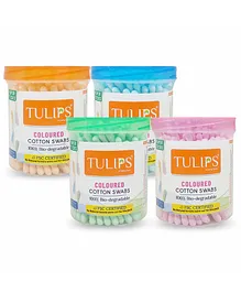 Tulips Biodegradable Cotton Buds Swabs Pack Of 4 Multicolor - 100 Pieces Each