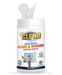 Cleno Quick Drying Glass & Window Surface Wet Wipes For Home Glass/ Cars/Mirrors/Tinted Windows, Ammonia & Tint Free - 50 Wipes