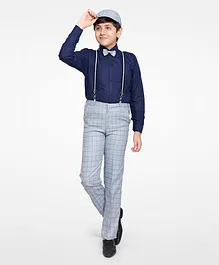 Jeet Ethnics Solid Print Full Sleeves Shirt With Attached Bow & Checked Suspender Pants & Cap - Blue