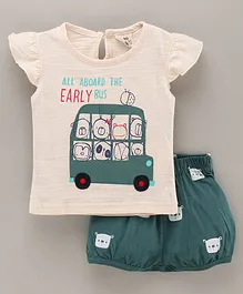 U R CUTE Cap Sleeves Animals In Bus & Text Printed Top With Shorts - Green