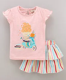 U R CUTE Cap Sleeves Ice Cream Scooty Cherry Printed & Embroidered Top With Striped Skirt  - Peach