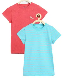 Campana Steffi Pack Of 2 Striped & Dragon Fly Embroidered Short Sleeves Tee - Turquoise Blue & Coral Red