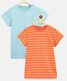 Campana Steffi Pack Of 2 Striped & Dragon Fly Embroidered Short Sleeves Tee - Peach & Ice Blue