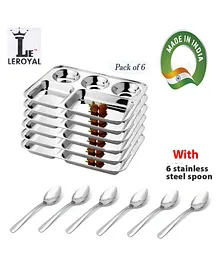 LEROYAL Stainless Steel Compartment Plates With 6 Spoons - Pack of 6