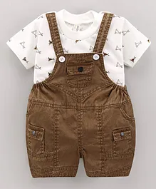 Dapper Dudes Half Sleeves Abstract Printed Tee With Solid Dungaree - Brown