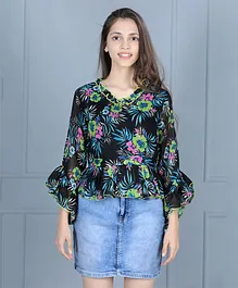 Cutiekins Three Fourth Bell Sleeves All Over Floral Printed Top - Black & Green