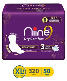 NIINE Dry Comfort Ultra Thin XL Sanitary Napkins With 3 Layer Shield for HEAVY FLOW, Free Biodegradable disposable bags inside - 50 Pads