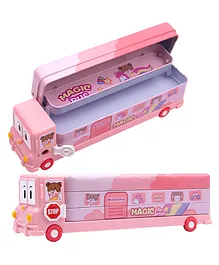 Wishkey Cartoon Printed Metal School Bus Pencil Box With Sharpener & Moving Tires - Pink