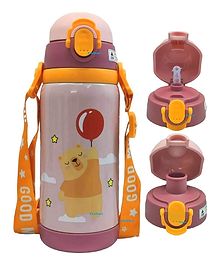 FunBlast Dual Cap Double Walled Vacuum Insulated Water Bottle with Straw Pink - 450 ML