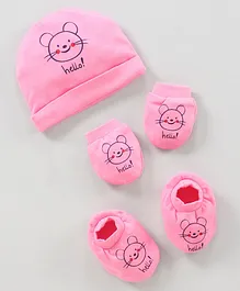 Simply Cotton Cap Mitten & Booties Set Cat Printed Pink - Diameter 9.5 cm 