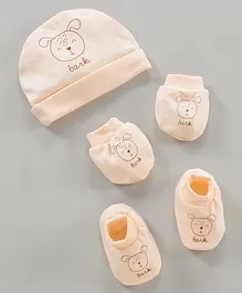 Simply Cotton Cap Mitten & Booties Set Dog Printed Beige  - Diameter 9.5 cm 