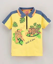 Under Fourteen Only Half Sleeves Lion Printed & Wild & Free Embroidered Tee - Yellow