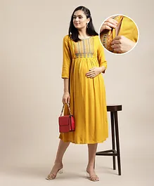 Bella Mama Three Fourth Sleeves Maternity Kurta Floral Embroidery - Yellow