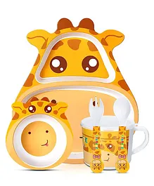 Negocio Giraffe Bamboo Dinner Set For Kids Eco Friendly Dishwasher Safe Plate Bowl Cup Spoons And Forks Set Unbreakable Baby Feeding Animal Shape Reusable Enjoy Pasta Noodle Bowl Soup Ice Cream