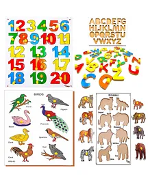 Mikha ABCD 1234 Birds & Wild Animals Puzzles Wooden A to Z Alphabets & 1 to 20 Numbers Birds & Wild Animals Puzzle Tray with Knobs - Multicolor Pack of 4