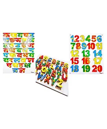 Mikha ABCD 1234 Hindi Alphabets Puzzles Wooden A to Z Alphabets & 1 to 20 Numbers Ka Kha Ga Hindi Alphabets Puzzle for Kids Educational & Learning Toy Puzzle Tray with Knobs - Multicolor Pack of 3