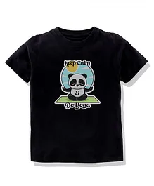 KAVEE Half Sleeves 100% Cotton Biowashed Keep Calm Yoga Panda Print Tee - Black