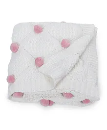 Haus & Kinder 100% Pure Cotton Knitted Pom Pom Blanket - Pink 