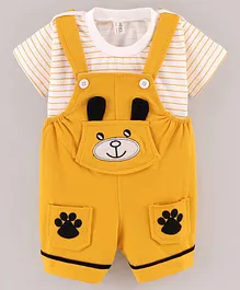Dapper Dudes Half Sleeves Striped Tee With Cat Patch Dungaree  - Yellow