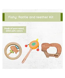 Flat Disk Rattle & Fish Rattle & Teether Sheep Shaped Set of 3 - Brown