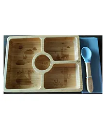 Citron Toddler Square Bamboo Plate With Spoon Without Suction - Blue 