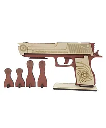 Kraftsman Semi Automatic Wooden Rubber Band Shooting Gun Toys For Kids & Adults With Target 5 Rapid Fire Shots - Brown & Beige 