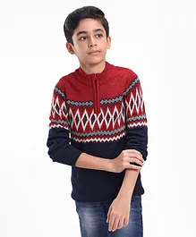 Pine Kids Full Sleeves Argyle Knit Pullover - Multicolor