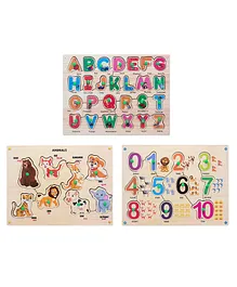 MINDMAKER Wooden Puzzle with Knobs Educational and Learning Toy Alphabet Number & Animal Multicolour - 43 pieces