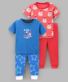 Kidi Wav Pack Of 4 Half Sleeves Teddy Placement Printed Tees With All Over Star Printed Pants - Multi Colour