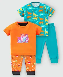 Kidi Wav Pack Of 2 Half Sleeves Dinosaur & Happy Birthday Printed Tee With Pajama Set - Multi Colour