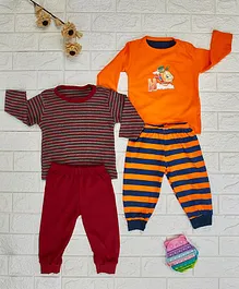 Kidi Wav Full Sleeves Striped & Chest Printed Tee & Jogger Pants - Maroon & Orange
