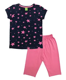 Clothe Funn Half Sleeves Stars Print Night Suit - Navy Blue & Pink