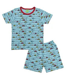 Clothe Funn Half Sleeves Cars All Over Print Coordinated Night Suit - Blue