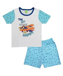 Clothe Funn Half Sleeves The Sky Makes Me Happy Air Plane Printed Tee With Shorts  - White