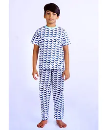 Frangipani Kids Half Sleeves Whale Whistle Print Night Suit - Navy Blue White