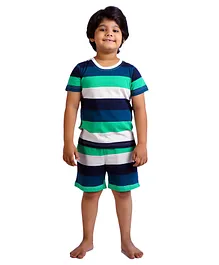 Frangipani Kids Half Sleeves Rugby Stripe Night Suit - Navy Blue Green Cream