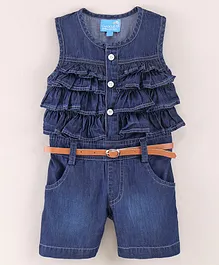 CHICKLETS Sleeveless Ruffle Detailed Bodice Jumpsuit With Side Pockets - Blue