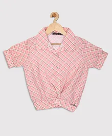 Ziama Half Sleeves Checkered Ruched Detail Shirt Style Top - Peach