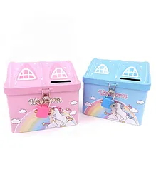 Crackles Unicorn House Shape Tin Box Money Bank With Lock And Key (Color & Print May Vary)