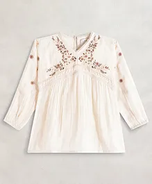 Cherry Crumble By Nitt Hyman Three Fourth Sleeves Floral Embroidered Yoke Detailing Top - Cream