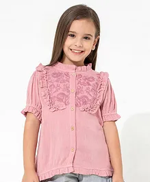 Cherry Crumble By Nitt Hyman Half Sleeves Botanical Embroidered Yoke & Frill Detailing Top - Pink