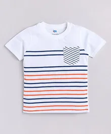 DEAR TO DAD Half Sleeves Striped Tee With Front Pocket - White & Red