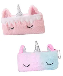 BeeWee Unicorn Fur Faux Pencil Pouch Stationery Organiser Pack Of 2 - Pink Bluish Pink
