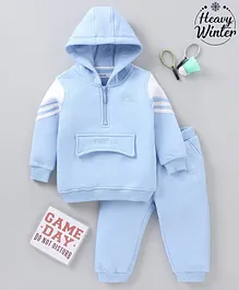 Babyoye 100% Cotton Brushed Fleece Knit Full Sleeves Hooded T-Shirt and Pyjama Solid Colour - Blue