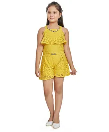 Peppermint Sleeveless Overlap Bodice Floral Lace Jumpsuit - Mustard