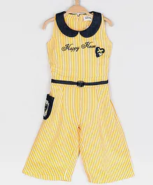 Peppermint Sleeveless Striped Happy Heart Embroidered & Bow Appliqued Jumpsuit - Yellow