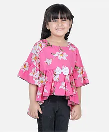 Cutiekins Three Fourth Flutter Sleeves Floral Printed Ruffle Top - Pink & White