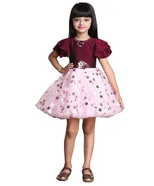 Betty By Tiny Kingdom Ruffle Sleeves Floral Corsage Detail And Sequin Embellished Party Dress - Maroon