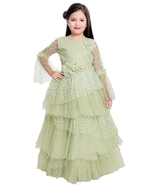 Betty By Tiny Kingdom Full Bell Sleeves Floral Self Design & Corsage Applique Layered Tulle Party Wear Gown - Light Green