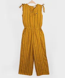 Peppermint Sleeveless Motif Stripe Printed Front Tie Up Closure Jumpsuit - Mustard Yellow